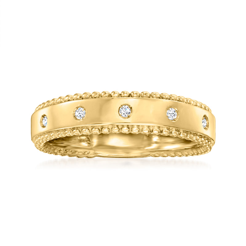 14kt yellow gold diamond-accented ring with three round bezel-set stones across the top