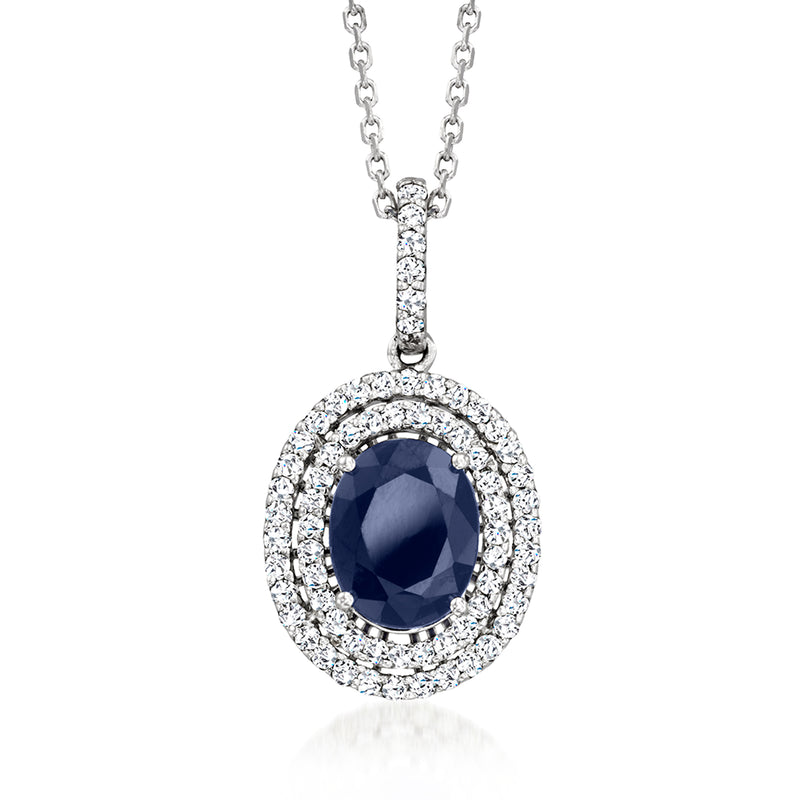 14kt white gold pendant necklace with oval blue sapphire in diamond halo