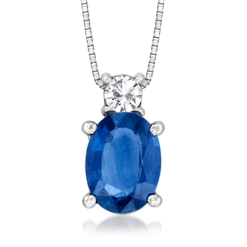 14kt white gold sapphire pendant necklace with oval blue gemstone and diamond halo