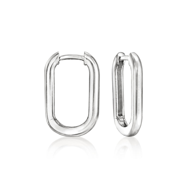 Medium paperclip link hoop earrings in polished sterling silver, oval hinged shape