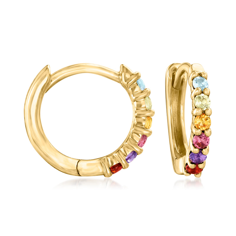 14kt yellow gold huggie hoop earrings with multicolor gemstone accents