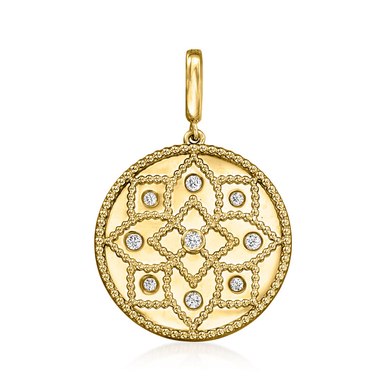 14kt yellow gold round floral diamond pendant with lattice and hanging bail