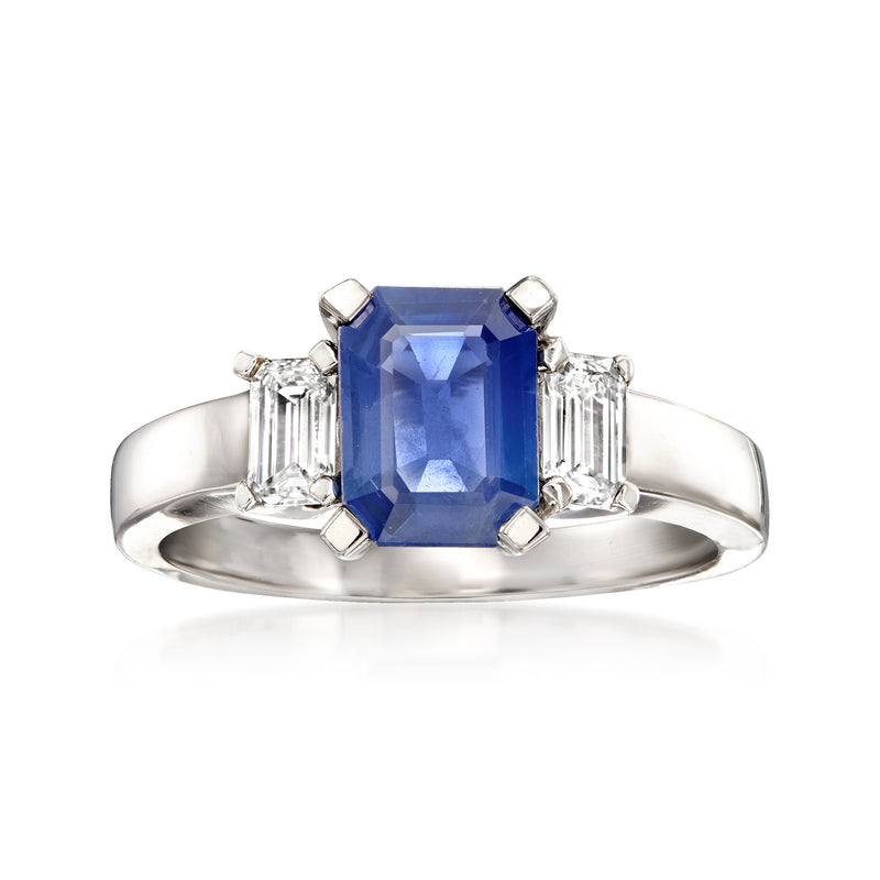 14kt white gold ring with emerald-cut blue sapphire and baguette-cut diamond accents