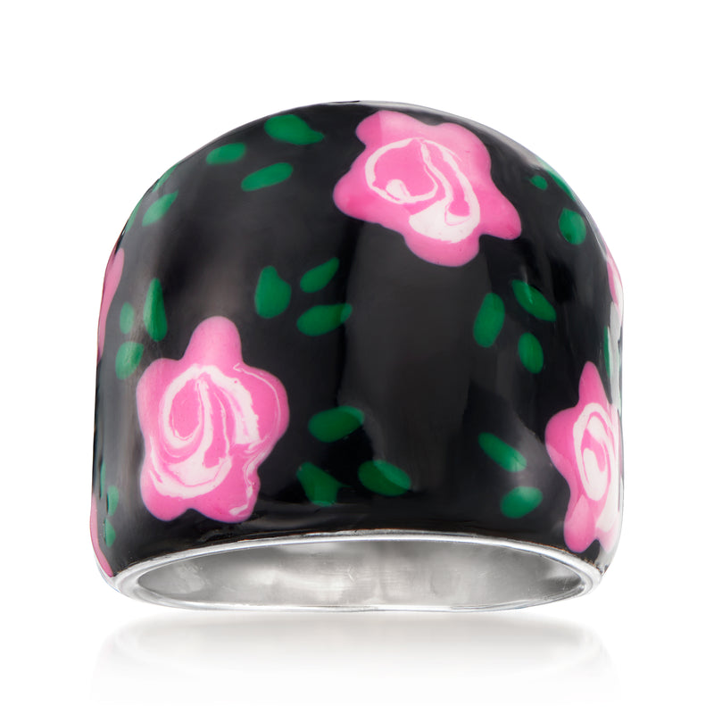 Sterling silver ring with black enamel, pink floral hearts, and green accents