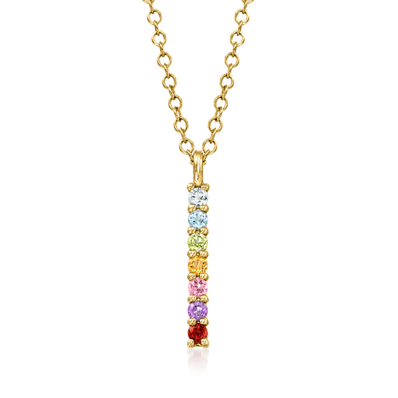 14kt yellow gold bar pendant necklace with colorful round gemstones