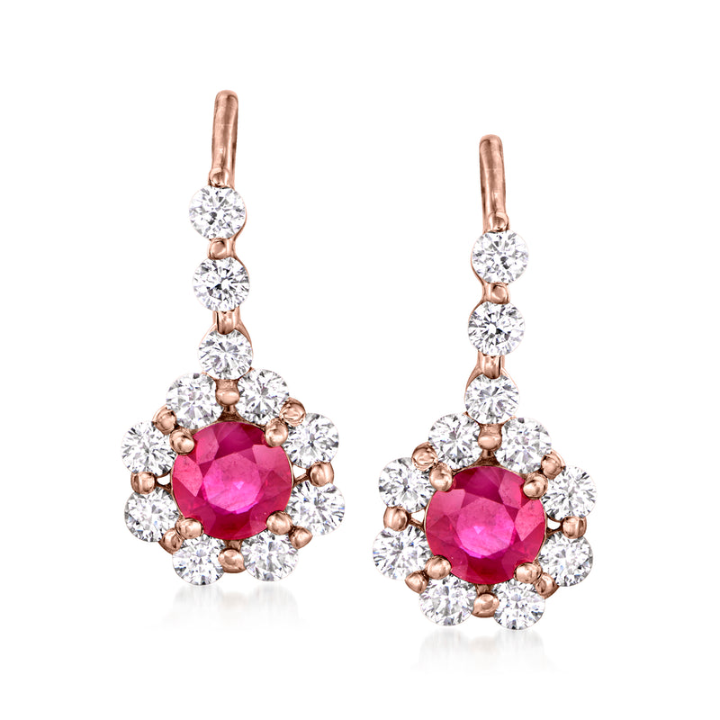 14kt rose gold leverback drop earrings with pink ruby center and diamond cluster halos