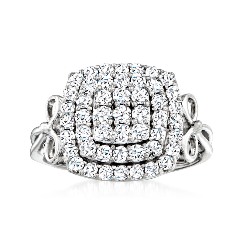 14kt white gold diamond cluster ring with cushion-style halo and side stones