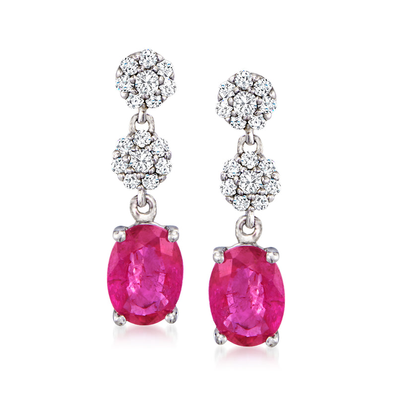 14kt white gold double-drop earrings with diamond clusters and oval pink ruby drops