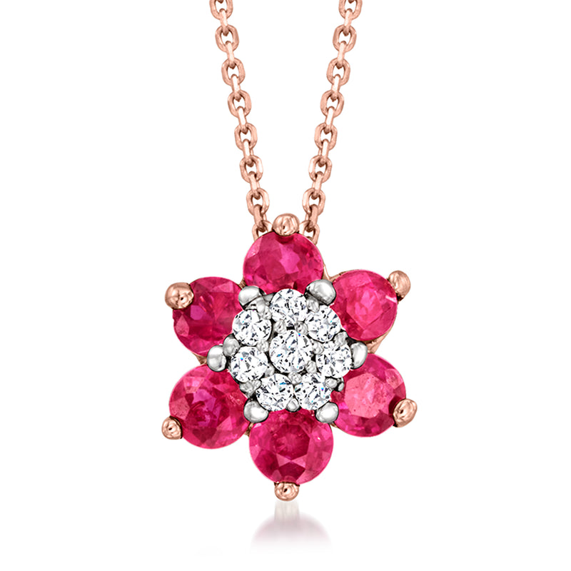 Ruby flower necklace with diamond cluster center, rose gold chain