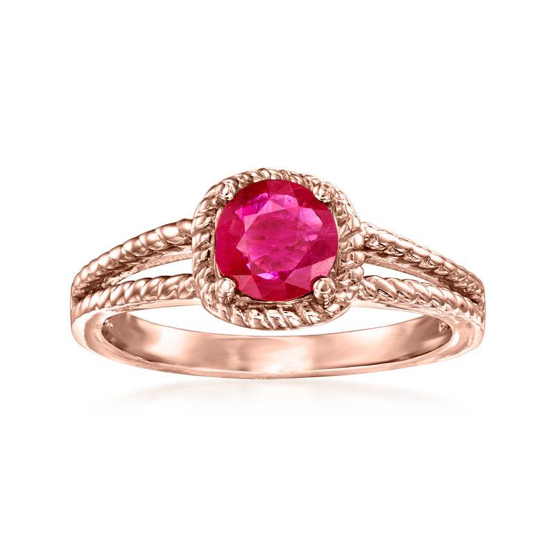 14kt rose gold ruby roped ring with oval pink-red gemstone center