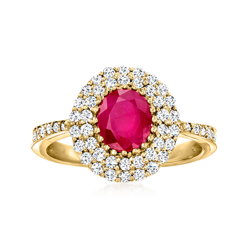 14kt yellow gold ring with oval ruby center and round diamond halo setting