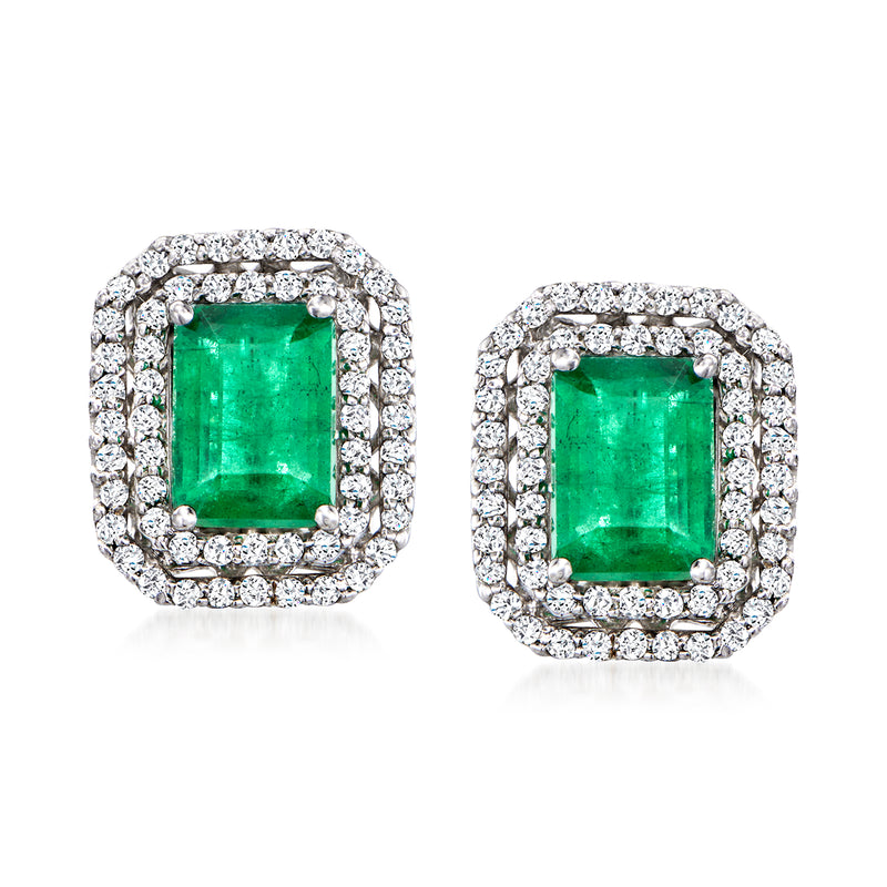 14kt white gold earrings with emerald-cut green emerald and diamond halo, post style