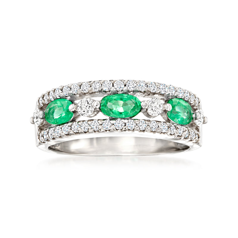 14kt white gold ring with three oval green emeralds and white diamond accents