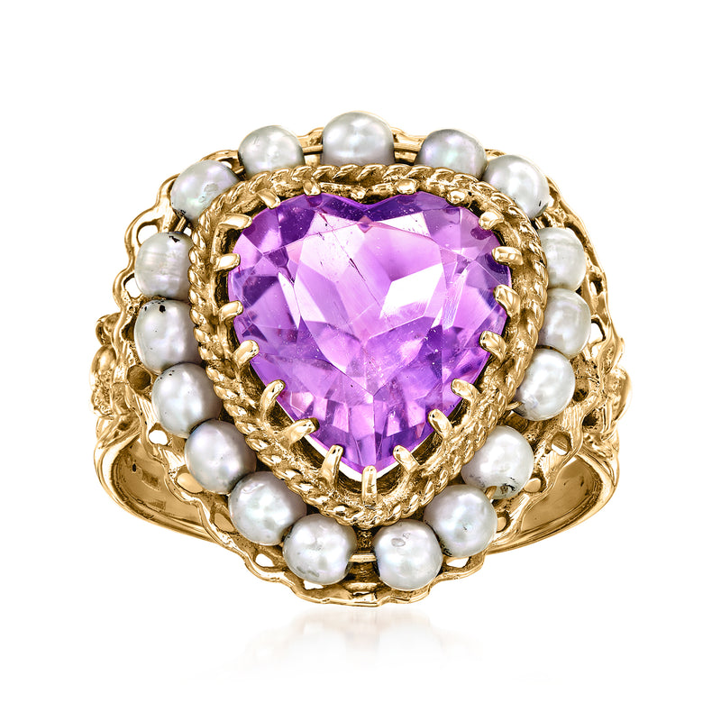 14kt yellow gold heart ring with purple amethyst center and cultured pearl border