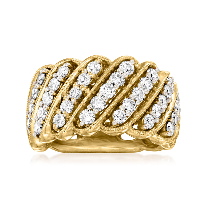 14kt yellow gold diamond striped ring with oval diamond clusters