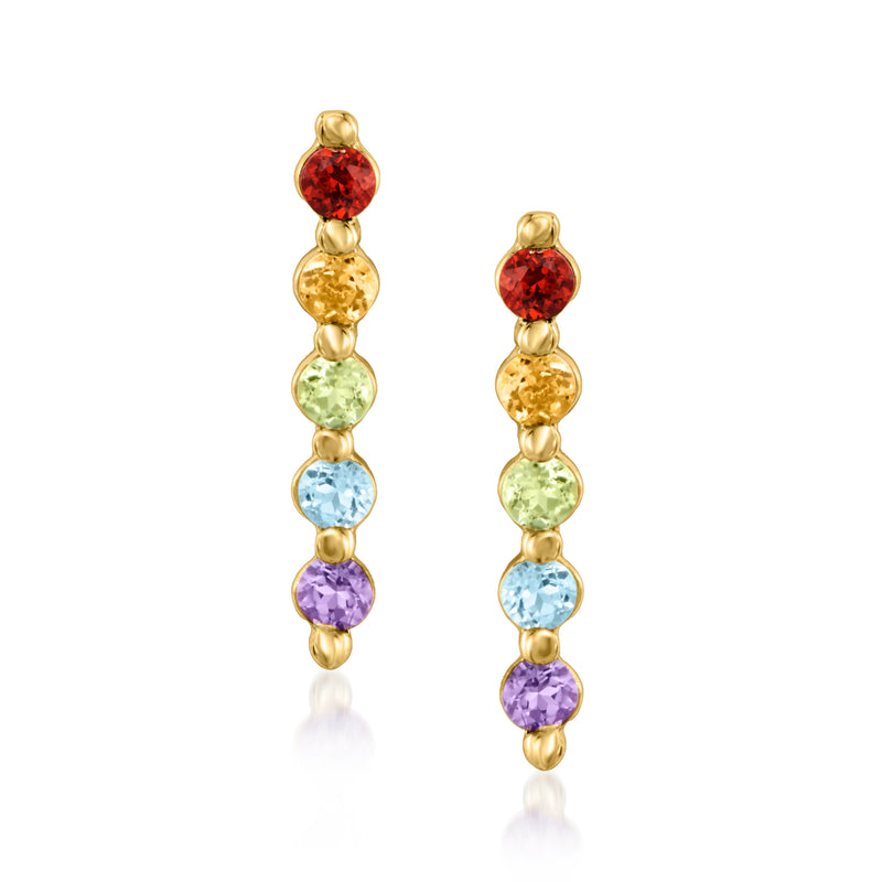 14kt yellow gold post bar earrings with five round stones: red, yellow, green, blue, purple