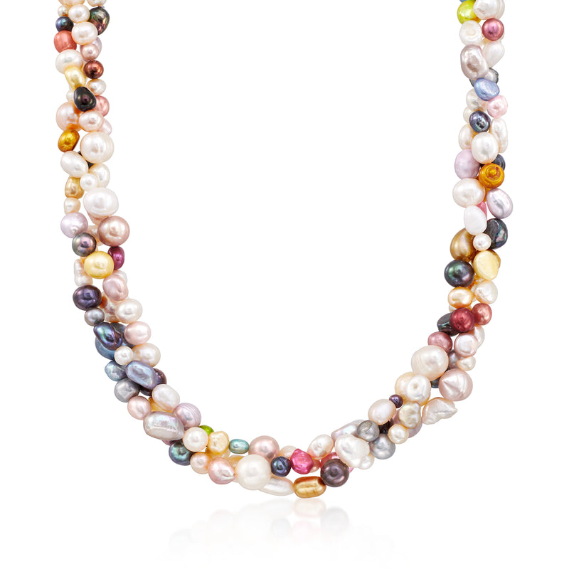 Multicolored cultured pearl torsade necklace with sterling silver