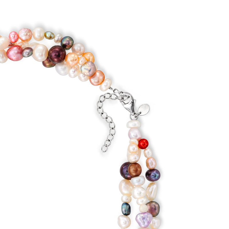Multicolored cultured pearl torsade necklace with sterling silver chain and heart charm