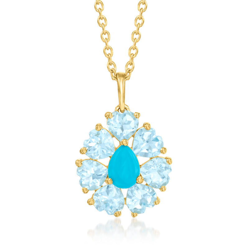 Gold pendant necklace with turquoise center teardrop and round sky-blue gemstone halo