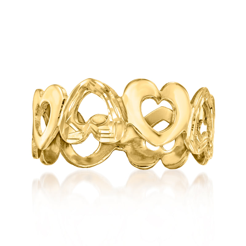 18kt yellow gold heart ring with textured and polished link hearts