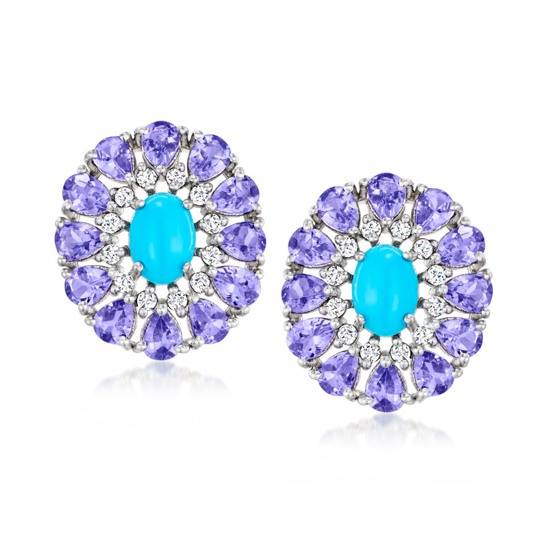 Sterling silver post earrings with oval turquoise center, purple gemstone halo, white zircon accents