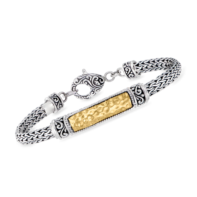 Bali-style ID bracelet in silver with 18kt yellow gold rectangular nameplate and ornate end caps