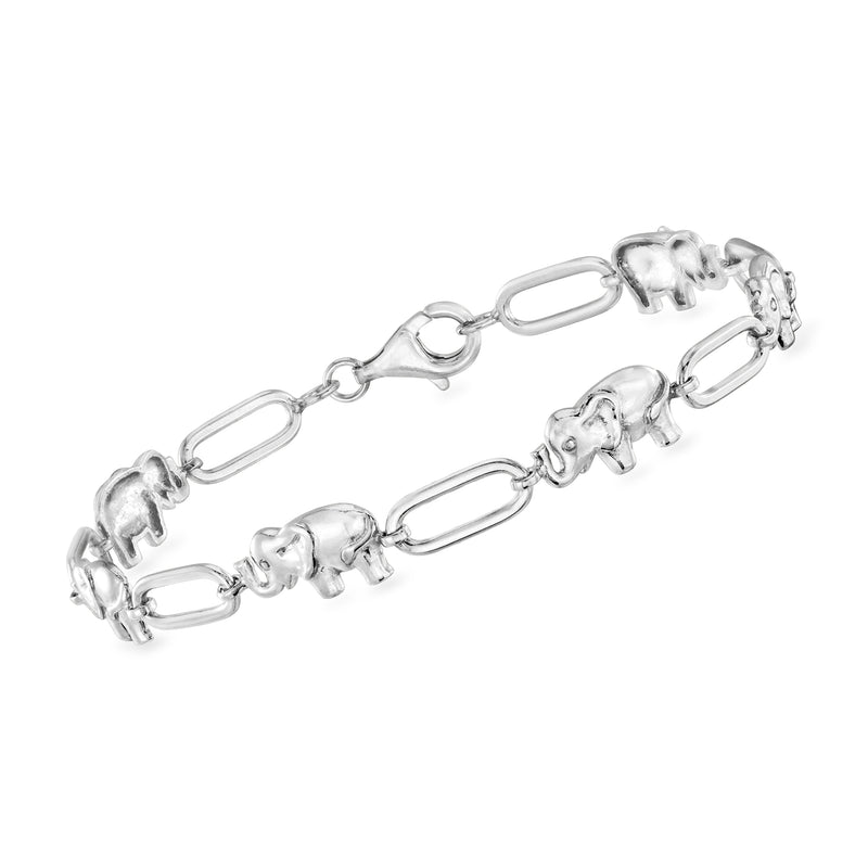 Sterling silver elephant and paper clip link bracelet with sliding clasp