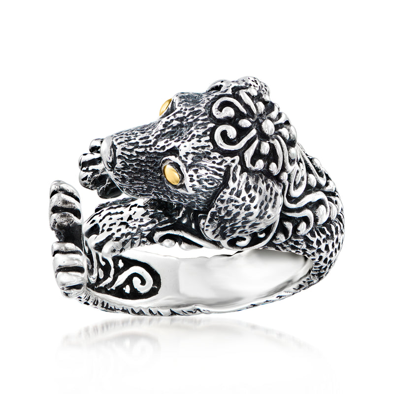 Sterling silver dog wrap ring with Bali-style texture and small 18kt yellow gold eye accents