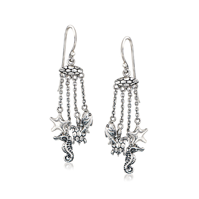 Sterling silver sea life drop earrings with seahorse, starfish, and dangling chain fringe