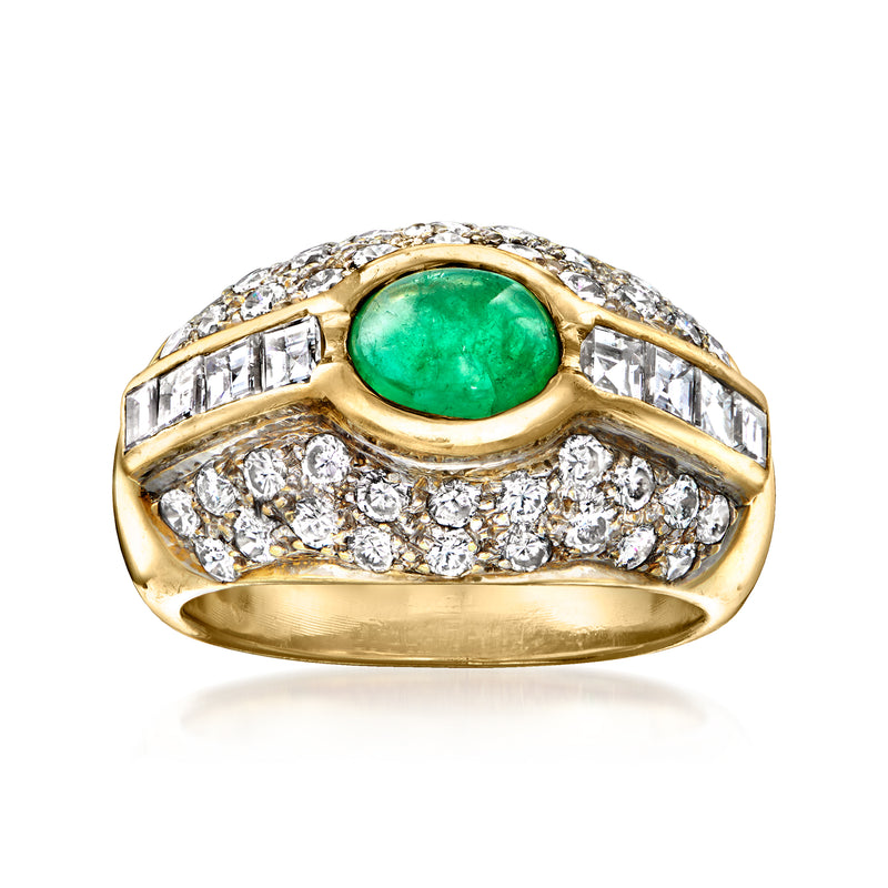 18k yellow gold dome ring with green oval emerald and diamond baguette accents