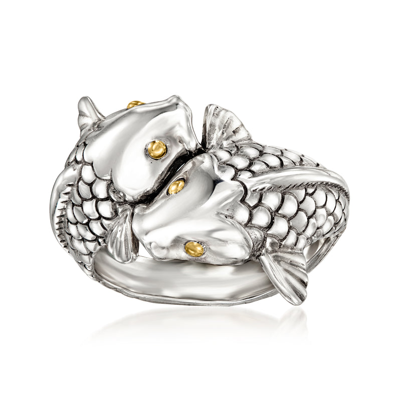 Bali-style koi fish bypass ring in sterling silver with 18kt yellow gold dot accents