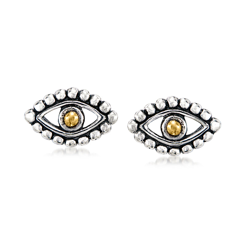 Sterling silver evil eye stud earrings with yellow-gold center dots