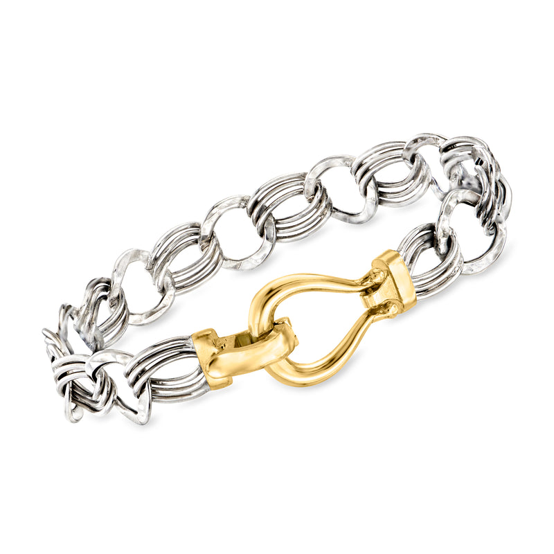 Two-tone sterling silver alternating-oval link bracelet with gold-tone clasp