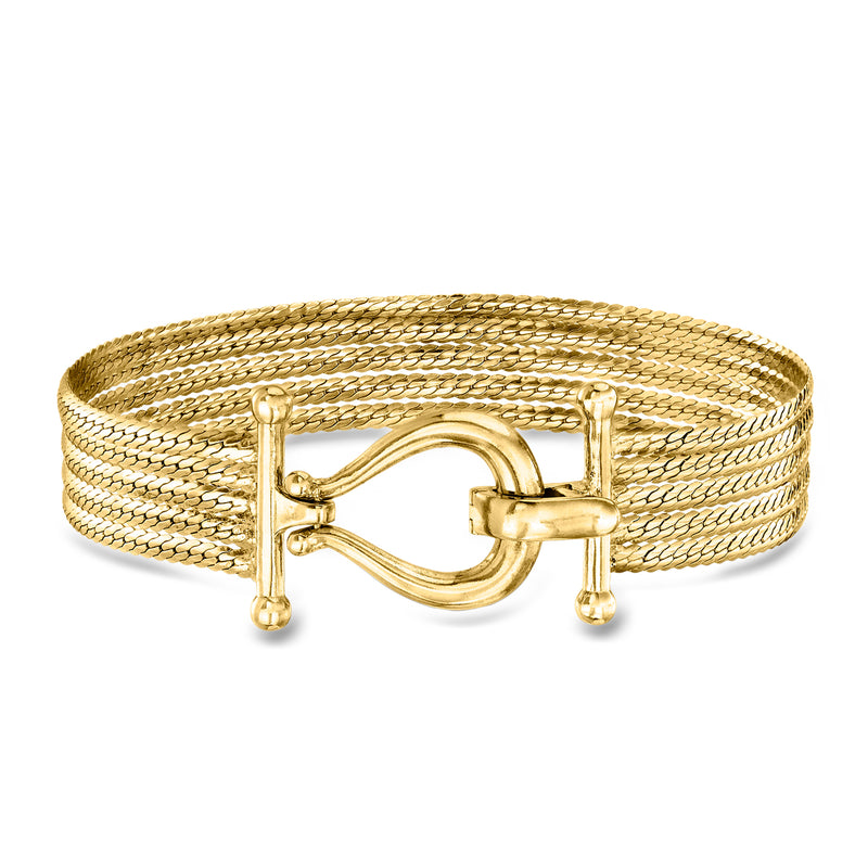 Gold multi-strand Cuban-link bracelet with oval clasp and bar details