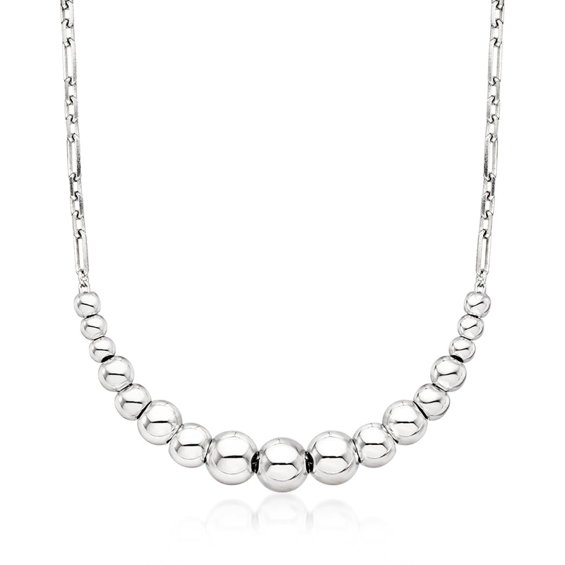 Sterling silver graduated bead necklace with polished round beads on link chain