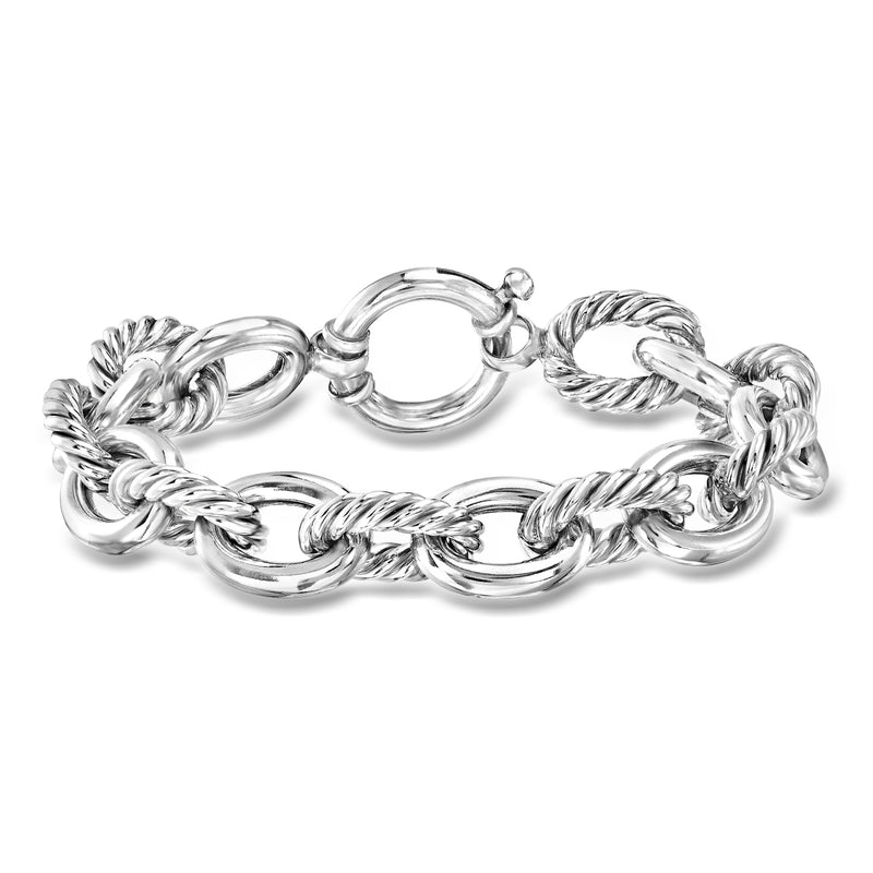 Sterling silver twisted oval-link bracelet with alternating rope-like details