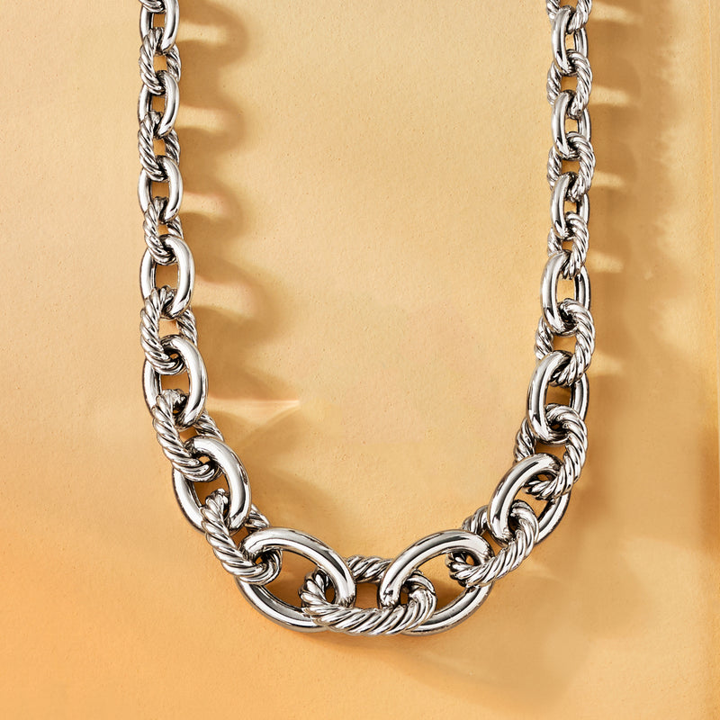 Sterling silver alternating twisted oval-link necklace, close-up of interlocking oval links