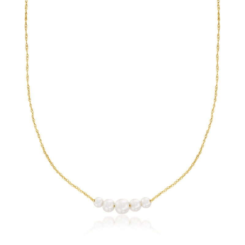 14kt yellow gold graduated cultured pearl necklace, round pearls from small to medium