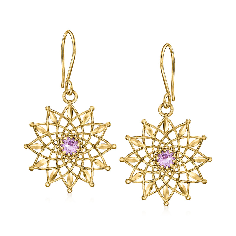 14kt yellow gold drop earrings with floral starburst and purple amethyst center