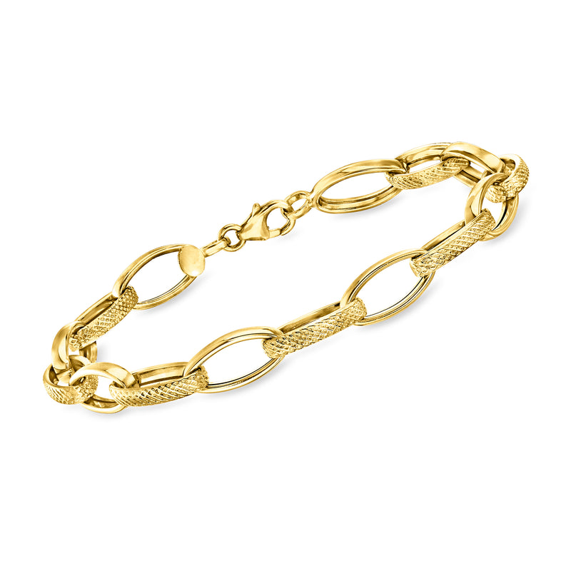 18kt yellow gold oval-link bracelet with textured chain and clasp