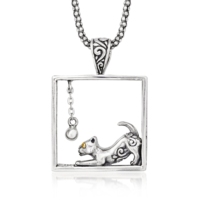 Sterling silver cat pendant necklace with beaded chain and square frame charm