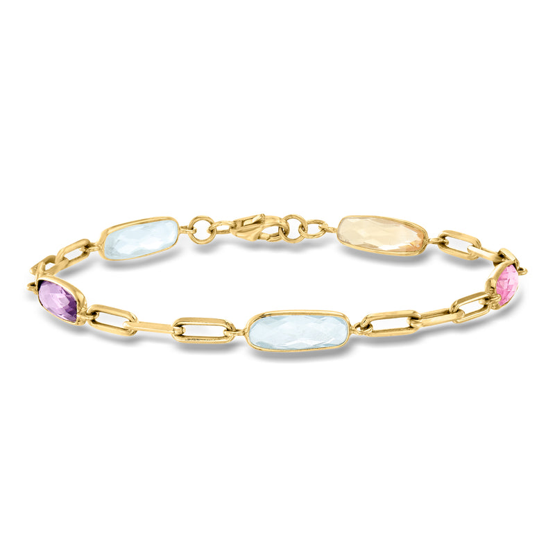 Gold paper-clip link bracelet with oval blue and purple gemstones in gold settings