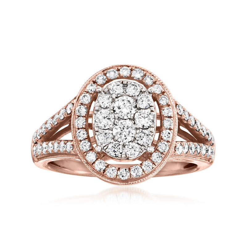 Rose gold diamond cluster ring with oval halo and pavé band