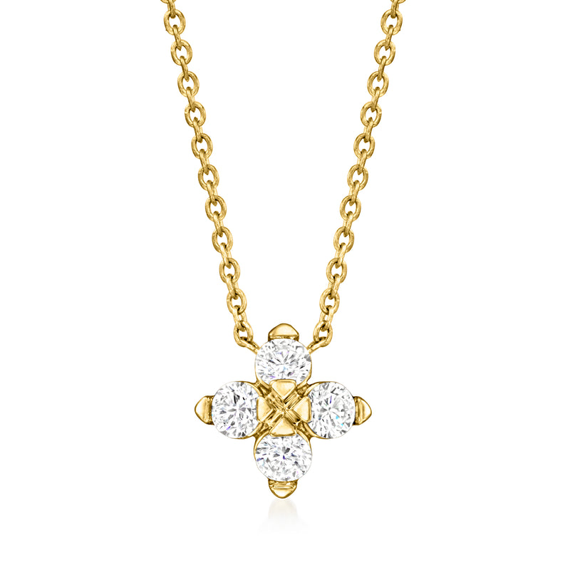 18kt yellow gold diamond flower necklace with five round diamonds in a cross motif