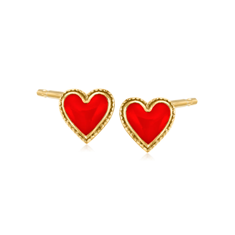 Red enamel heart stud earrings in 14kt yellow gold with push-back posts
