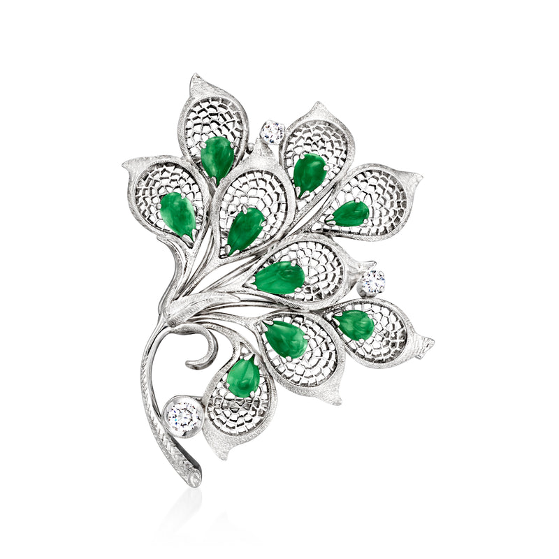 14kt white gold flower pin with green nephrite teardrops and small round diamonds