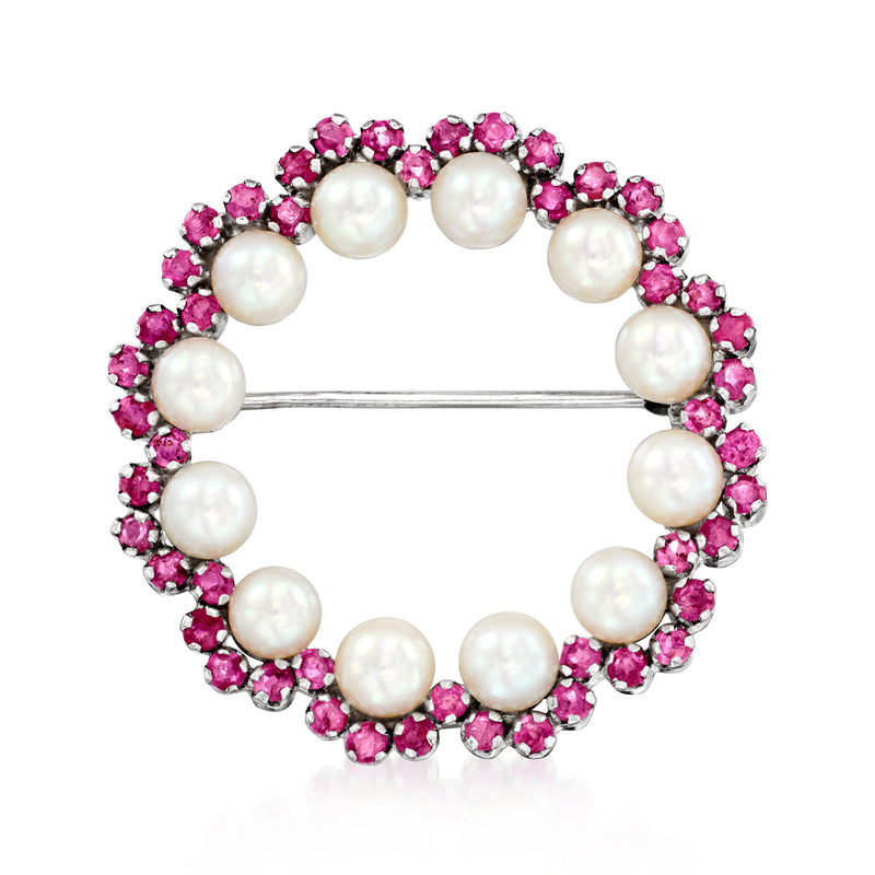Vintage circle pin with white cultured pearls and pink ruby stones in white gold