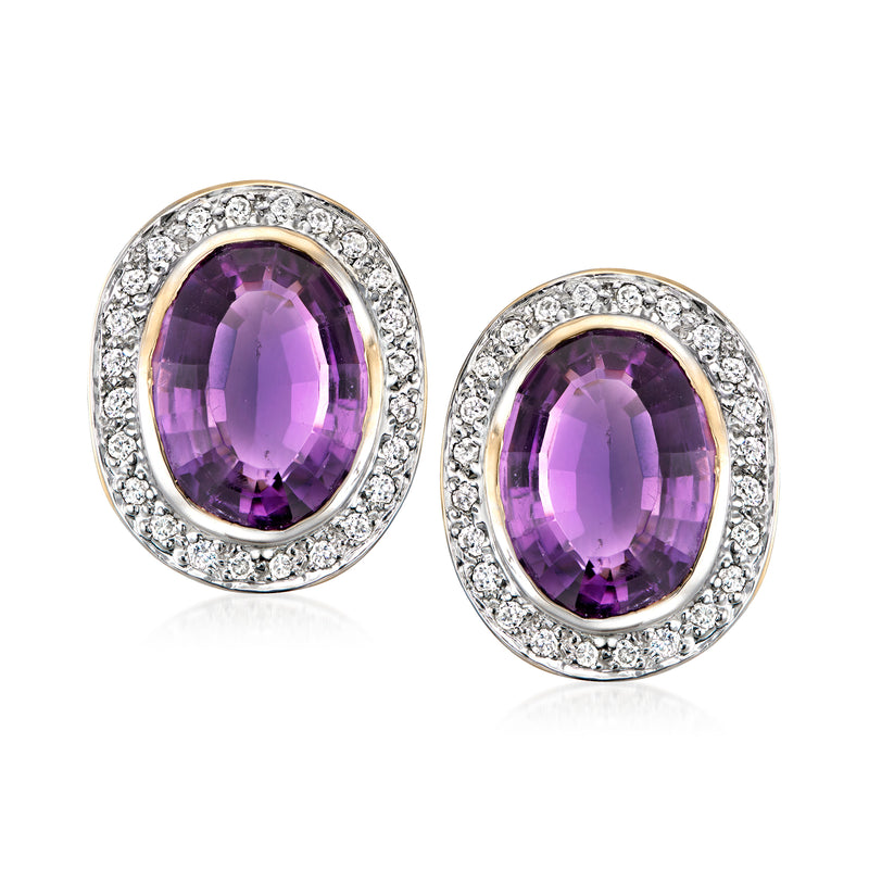 Two-tone gold oval amethyst and diamond stud earrings with purple center stones