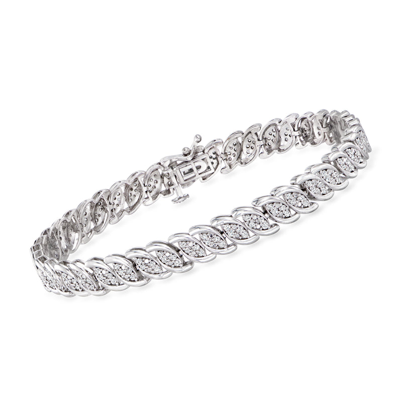 Sterling silver marquise-shaped diamond cluster bracelet with linked oval rows