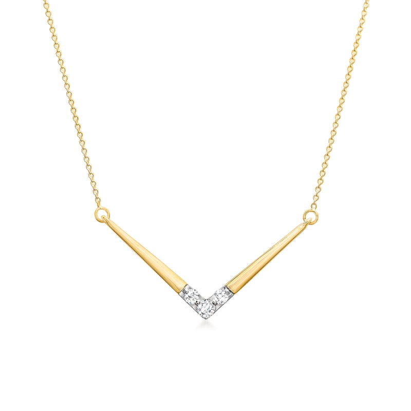 14k yellow gold diamond chevron V-necklace with small white stones and cable chain.